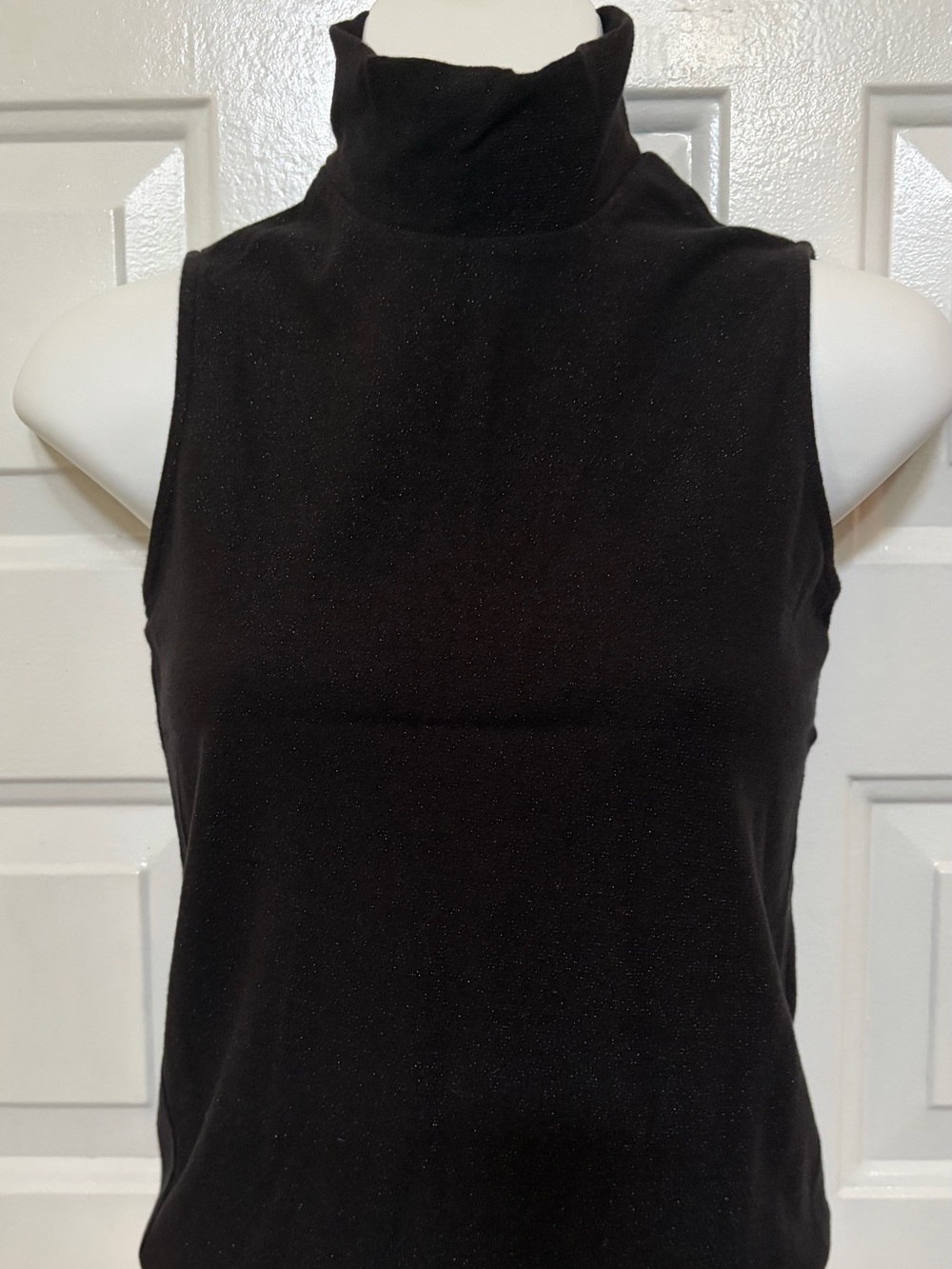 XS black sleeveless mock neck top Calvin Klein Cotton Blend Silver Shimmer